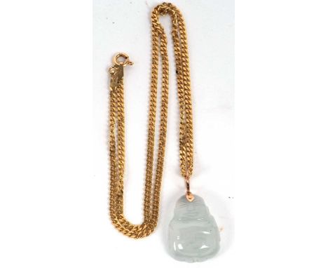 A Buddha pendant necklace, the pale green jade carved Buddha pendant, 2cm long, with gold chain stamped 375 to both ends with