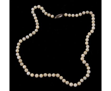 A cultured pearl necklace, the uniform cultured pearls, each approx. 5mm diameter, with silver clasp, 45cm long
