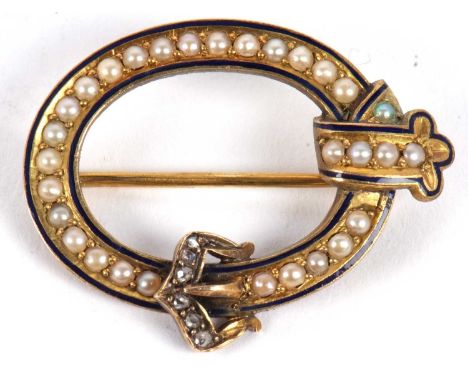 A 19th century split pearl, blue enamel and rose cut diamond brooch, the open oval set with a ring of small split pearls with