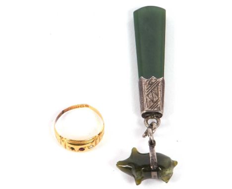 Three items of jewelley to include a jadeitie pig with silver band by Joseph Cook &amp; Son, Birmingham 1902, a nehrite lozen