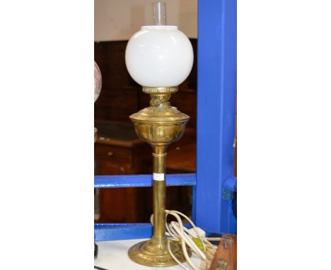 30" BRASS CONVERTED PARAFFIN DOUBLE LAMP WITH FUNNEL &amp; SHADE     