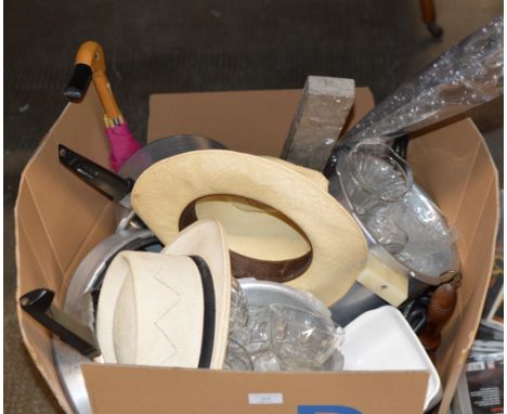 BOX CONTAINING ASSORTED HATS, STICK DISPLAY, DESSERT DISHES, POTS &amp; PANS ETC     