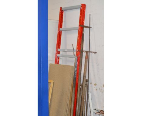 SHELF UNIT, VARIOUS GARDEN TOOLS, CD STANDS ETC     