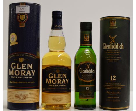 GLEN MORAY SINGLE MALT SCOTCH WHISKY, WITH PRESENTATION BOX - 70CL, 40% VOL, TOGETHER WITH GLENFIDDICH 12 YEARS OLD SINGLE MA