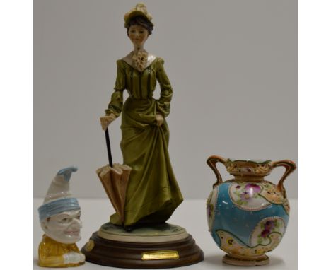 10" SIGNED CAPODIMONTE FIGURINE ORNAMENT ON WOODEN STAND, ROYAL WORCESTER PORCELAIN "PUNCH" CANDLE SNUFFER &amp; A SMALL 19TH