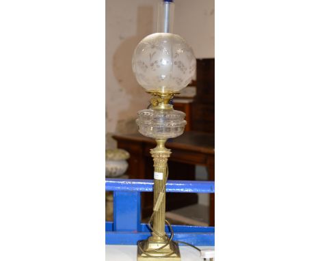 32" BRASS COLUMNED CONVERTED DOUBLE BURNER PARAFFIN LAMP WITH CUT CRYSTAL RESERVOIR &amp; ETCHED GLASS SHADE WITH FUNNEL     