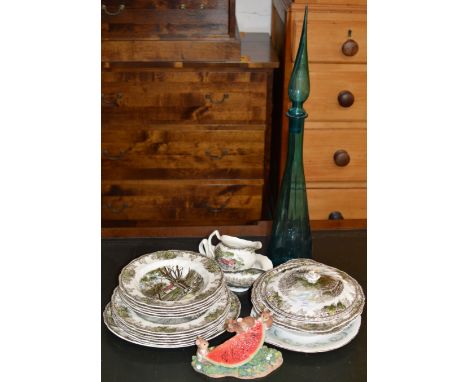 MODERN BORDER FINE ARTS ORNAMENT, QUANTITY DINNER WARE &amp; BLUE GLASS DECANTER WITH STOPPER     