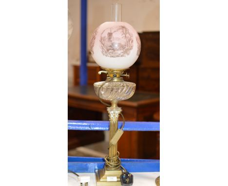 28" BRASS COLUMNED CONVERTED DOUBLE BURNER PARAFFIN LAMP WITH CUT GLASS RESERVOIR &amp; PINK FROSTED GLASS SHADE &amp; FUNNEL