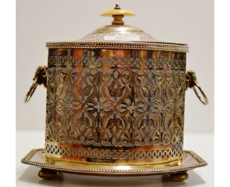 A FINE VICTORIAN ART NOUVEAU PIERCED SILVER-PLATE TEA CADDY WITH RAM HEAD MOUNTS &amp; DOUBLE RING HANDLES, WITH ORIGINAL GLA