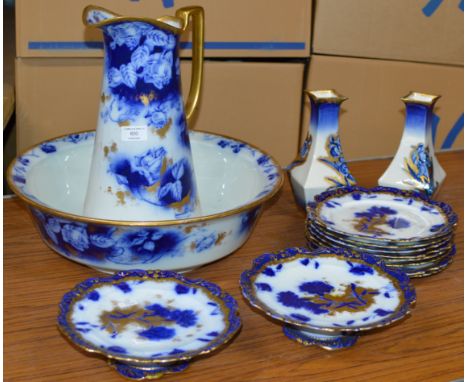 VARIOUS BLUE &amp; WHITE WARE INCLUDING AN ADDERLEY "ROSSLYN" BASIN &amp; EWER, PAIR OF COMPORTS WITH 8 MATCHING PLATES &amp;