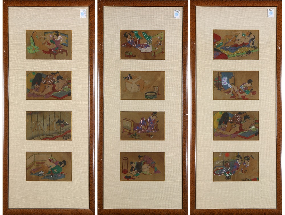 (lot of 3) Japanese erotic shunga paintings, ink and color