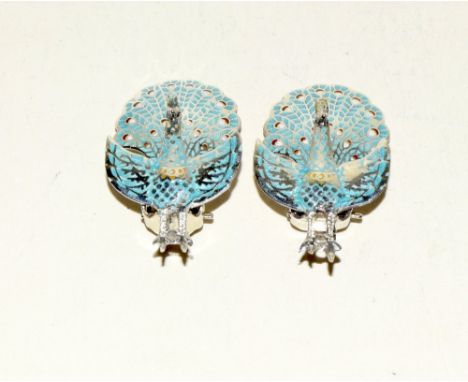 Pair of silver and enamel peacock earrings