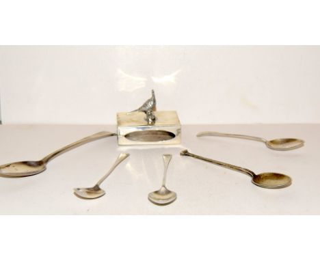 Silver match holder with a pheasant finial and silver salt spoons a/f