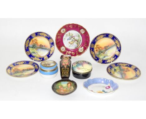 Quantity of hand painted Noritake & 19th C plates to include trinket pots