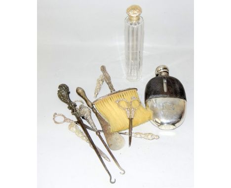 Silver top dressing table bottle ,button hooks ,hip flask ,brush etc