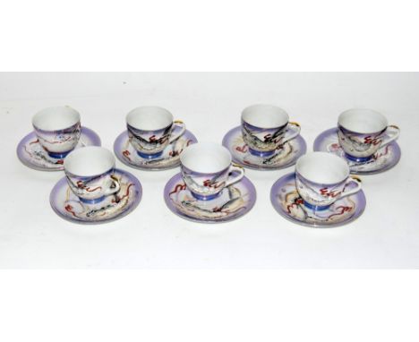 7 Dragon ware moriage cups and saucers with Geisha Lithopane to base of cups