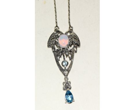 Pretty silver opal pendant necklace with blue topaz drop