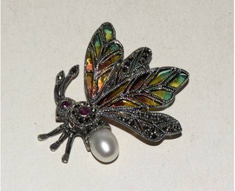 Silver plique a jour brooch with freshwater pearl body