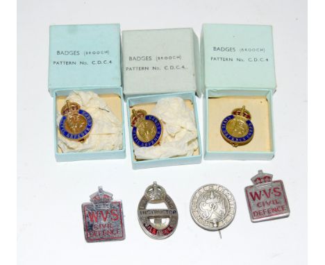 Three Civil Defence Corps enamel lapel badges in their original boxes with other WW2 Civil Defence badges