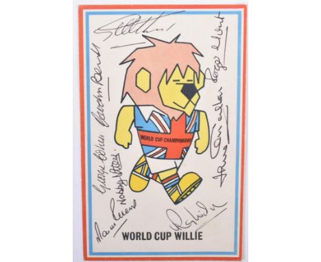 World Cup 1966 - England Football Team - autographed original vintage World Cup Willie promotional postcard. Signed to the fr