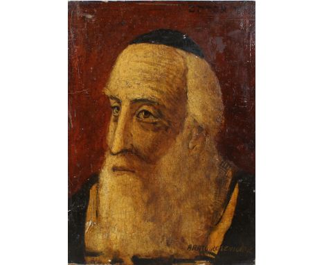 Portrait of a Rabbi, eyes upward with pensive look, oil on chamfered board, signed lower right: Arato Rosensuiar. Likely 19th