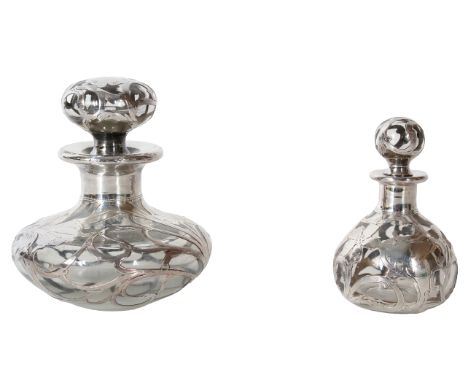 (2) Vintage Silver Overlay Perfume Bottles. The larger one is monogrammed "M". Makers mark on the bottom. Both have floral de
