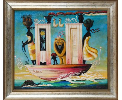 Titled, "La Paraise", depicts a fantasy scene of a boat with two Haitian female figures, a small child-like figure, a lion an