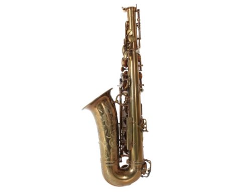 Sax, case and accessories Keys with mother of pearl finger pads overlaid on silverplate. Size: 23 x 8 1/2 x 4 3/4 in. Case: 2