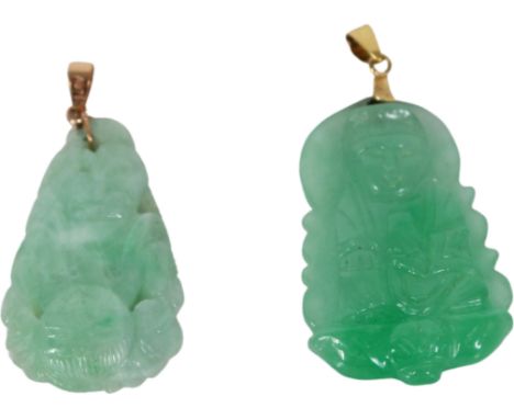 (2) 18K Gold Jade Drop Pendants. A darker green jade and lighter green jade of figures. Both are marked AU750. Size of Larges