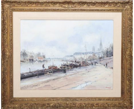 Barges Along the Seine at Rouer. Oil on canvas, signed lower right. Provenance: Private Collection, Grosse Point MI. Jean-Pie