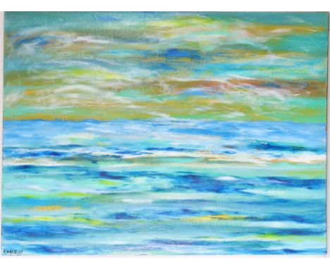 Large Abstract Seascape Painting in various tones of blue, green and ochre. Oil on canvas, signed lower left Kimberley. Size: