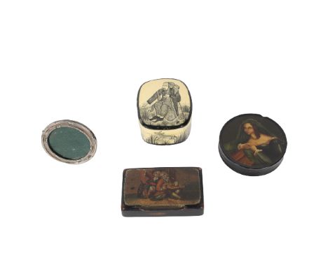 1) Rectangular snuff box 19th C depicting two men and a dog; 2) Round snuff box 19th C painted women, 3) Indo Persian Papier 