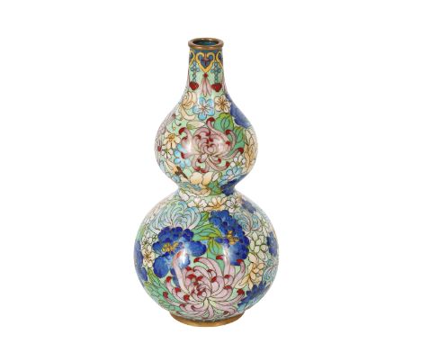 Small Chinese Cloisonne Enamel Double Gourd decorative Vase. gilt rims. Size: 3 3/8 x 3 3/8 x 6 3/4 in.