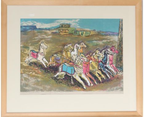 Russell Vernon Hunter (1900-1955) American, serigraph. "Off to the Fiesta" Pencil signed and titled serigraph. Painter. Born 