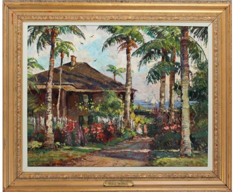 Titled, "Cottage in Palm Beach", Impressionist painting of Palm Beach, Florida - Feb. 10 1978, oil on Masonite, dated and sig