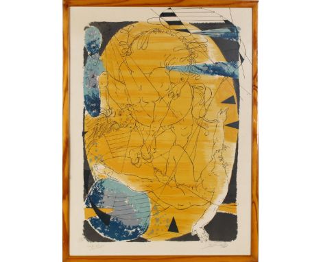 Abstract Lithograph with Classical Elements. Classical imagery in the center with a hose and a man. Mainly yellow color with 