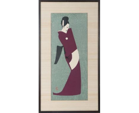 Kawano Kaoru (1916-1965) Japanese Woodblock print "Dancing Figure" (Taki). Kaoru Kawano was born in Otaru, Hokkaido in 1916, 