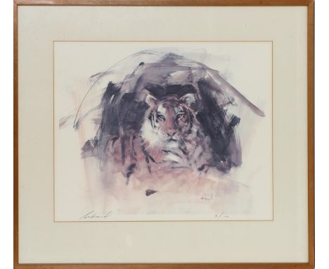 Bengal Tiger litho numbered 9/190, signed Schmid. Richard Schmid was active/lived in California, Vermont, Colorado, Illinois,