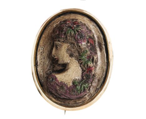 Antique Painted Lava Stone Cameo Brooch portrait of a woman - "Elizabeth." Signature on front Size: 2 x 1 1/2 in. Condition: 