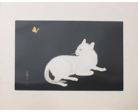 Koyo Omura White Cat &amp; Butterfly Japanese woodblock print ca 1953. Overall size: 18 x 14 3/8 in. Sight size: 14 x 9 1/8 i