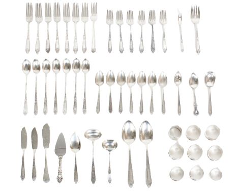 Cinderella Sterling Silver Flatware, 47.96 OZT, fifty-one pieces in all: 8 dinner forks 6 dessert forks Serving fork Condimen