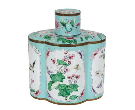 Chinese Peking Enamel on Copper Tea Caddy. Gorgeous turquoise color, gilt rims, and peony design. Size: 5 1/2 x 4 x 6 1/2 in.