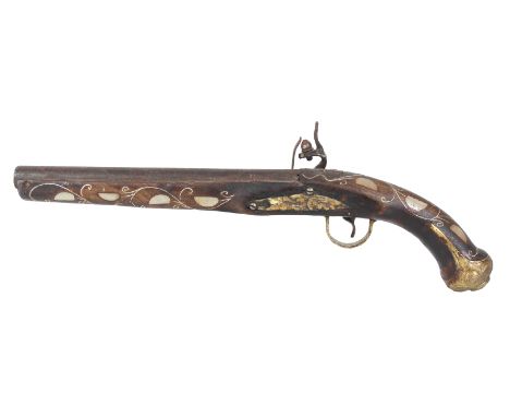 Early flintlock holster pistol with silver and mother of pearl inlay, single barrel. Condition AS IS. Size: 16 1/2 x 3 x 5 3/