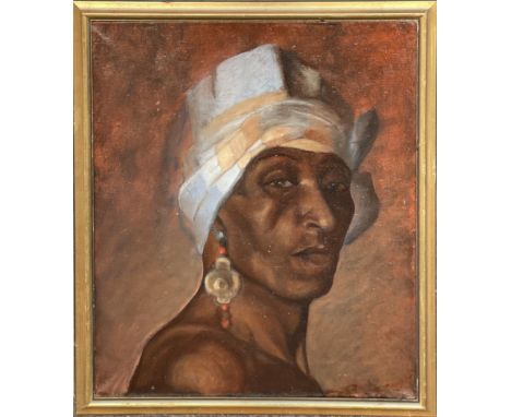 Skillful portrait of a stately woman wearing a headdress and dangle earrings. Signed indistinctly. Exhibition label remnants 