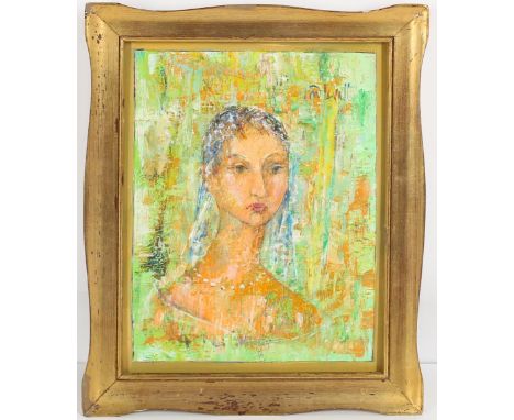 Small portrait of a young woman in a veil, in colors of greens and yellows, signed upper right, oil on board. In gilt frame. 