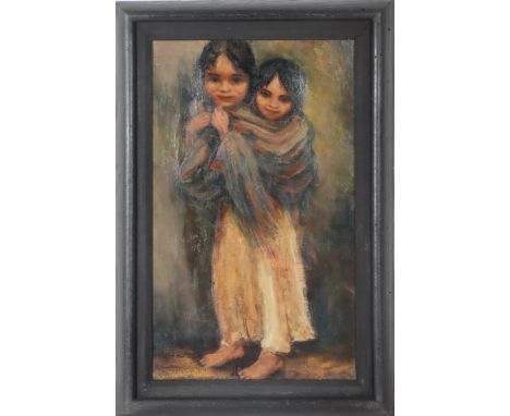 Hope Sander (20th C) American/NY "Mexican Children" oil on canvas signed and inscribed verso. Overall size: 22 x 15 in. Sight