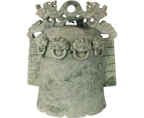 Palatial Chinese Carved Jade Sculpture featuring foo dog motif and scroll handle w dragons. See condition flaws in images. Si