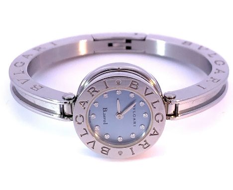 Bulgari B.Zero1 Stainless Steel Watch, featuring a blue mother of pearl dial, diamond markers with quartz movement.