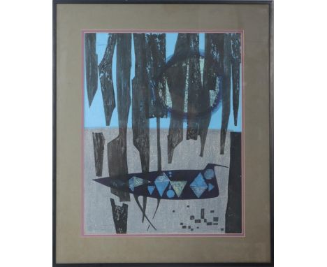 Abstract woodblock print of a bird in the forest, signed in pencil lower left. Kunihiro Amano was born in Hirosaki. He is a s