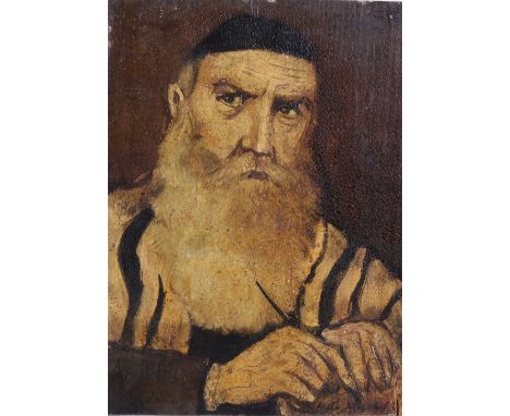Portrait of a Rabbi holding writing implement, oil on chamfered board, signed lower left: Arato Rosensuiar. Likely 19th Centu